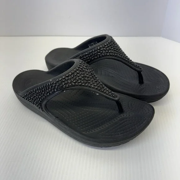 Crocs Sloane Embellished Beaded Sandal Women Black Thong Slide Slip On Size 8 - Picture 1 of 7